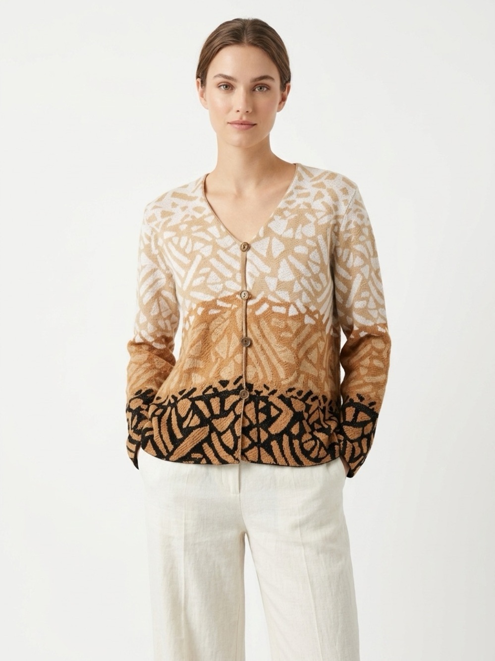 Pendleton Linen Cotton Cardigan Abstract Pattern Tan White Black Size L Petite